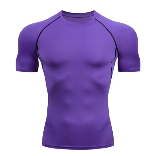 XHDZSW Short Sleeve Sports T-Shirts Mens, Compression Top, Quick Dry Running Shirts Base Layers Top, Fitness Athletic Training Workout Gym Clothes for Men (L,Lila) von XHDZSW