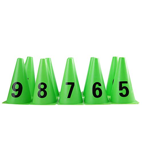 XHIKOWAT 10 Stück Fußball-Marker für Fußballübungen, 23 cm Grüne Fußball-Trainingshütchen mit den Zahlen 0 Bis 9 von XHIKOWAT