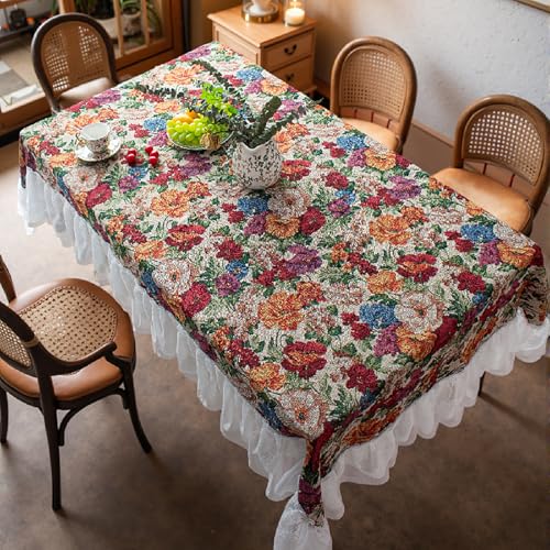 XIAOGUDONG Amerikanische Blumen-Tischdecke, Iris-Pflanzen-Tischdecke, Baumwollmischung Mit Zarter Rüschenspitze, Geeignet Für Zuhause, Urlaub, Party, Dekoration, Tischdecke,140×220cm,b von XIAOGUDONG