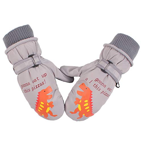 XIAOHAWANG Fausthandschuhe Kinder Wasserdicht Skihandschuhe Winter Handschuhe Mit Dinosaurier Jungen Schlittschuh Handschuhe (Grau, M) von XIAOHAWANG