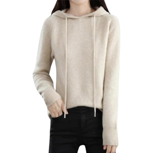 XIAOLZSL Damen-Kaschmirpullover mit Kapuze, Pullover mit Stricksaum, lockerer Streetwear-Pullover mit Kordelzug (Large,Beige) von XIAOLZSL