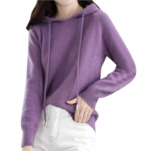 XIAOLZSL Damen-Kaschmirpullover mit Kapuze, Pullover mit Stricksaum, lockerer Streetwear-Pullover mit Kordelzug (Medium,Purple) von XIAOLZSL