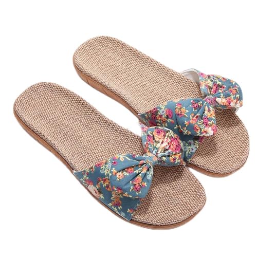 Hausschuhe rutschfest Slipper Schleife Muster Flacheschuhe Gummisohle Sommerschuhe Leinen Puschen Bequem Pantoffeln Sommer Pantoletten Herren Strandschuhe Damen Sandalen Draußen Puschen Drinnen von XINCHI