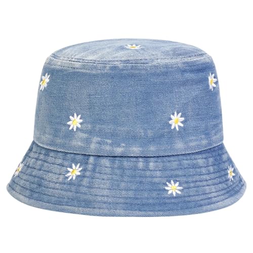 XINGCANDE Bucket Hat Hut Damen Herren Unisex Gänseblümchen Stickerei Denim Fischer Hüte Fischer Mützen Outdoor Casual Kappe Blau von XINGCANDE