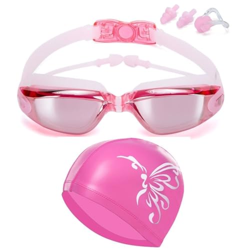 XINGDE Verstellbare Schwimmbrille und Kappe, kein Auslaufen, Anti-Beschlag, UV-Schutz, Triathlon, mit Nasenklammer, Ohrstöpsel, Etui für Erwachsene, Herren, Damen, Jugendliche, Schwarz (Rosa) von XINGDE