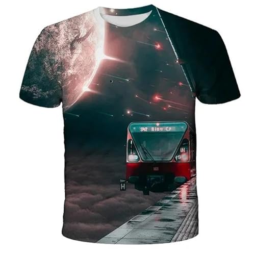 XINRUYI Vintage Lokomotive 3D-Druck Sommer-T-Shirt Jungen Mädchen Rundhalsausschnitt Kurzarm-Kleidung von XINRUYI