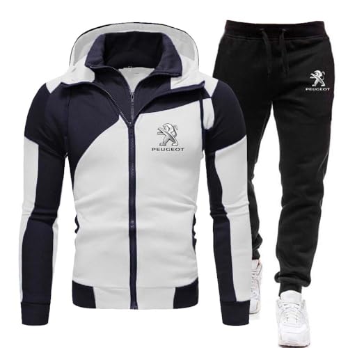 XIREM1FRA Herren Trainingsanzug Set P-Eugeot Kapuzenjacke Und Sporthose, Streetwear Style Jogginganzug Sportanzug Reißverschluss Freizeitanzug,3XL,White von XIREM1FRA