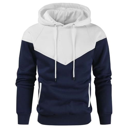 XIREM1FRA Hoodie Herren Patchwork Pullover Langarm Personalisierbares Logo Kaputzenpullover Farbblock Sweatshirt Mit Taschen Kordelzug Outdoor Jogging Sport Sweatshirt,2XL, White von XIREM1FRA