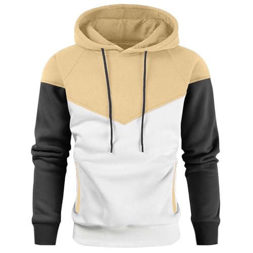 XIREM1FRA Hoodie Herren Patchwork Pullover Langarm Personalisierbares Logo Kaputzenpullover Farbblock Sweatshirt Mit Taschen Kordelzug Outdoor Jogging Sport Sweatshirt,M, Beige von XIREM1FRA