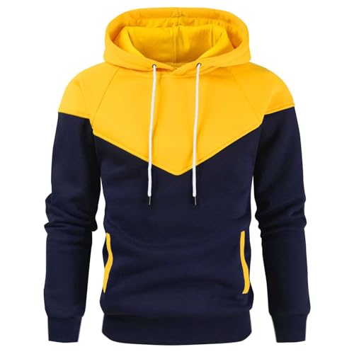 XIREM1FRA Hoodie Herren Patchwork Pullover Langarm Personalisierbares Logo Kaputzenpullover Farbblock Sweatshirt Mit Taschen Kordelzug Outdoor Jogging Sport Sweatshirt,M,Yellow von XIREM1FRA