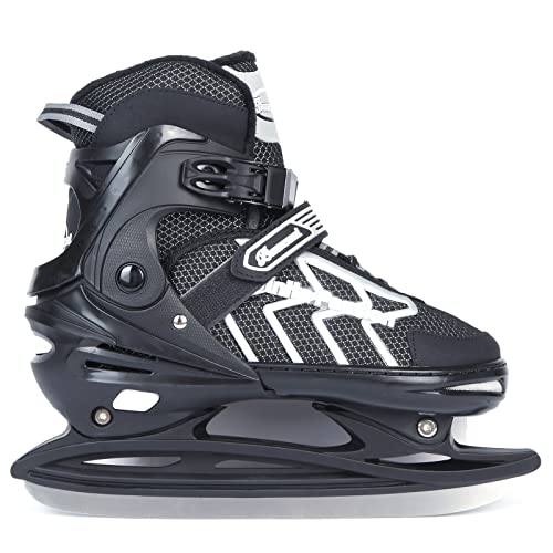 Verstellbar Eishockey Schlittschuhe für Herren Damen Erwachsene Kinder, Edelstahl Ice Skates, Eislaufschuhe mit Schnellschnürsystem & Push-Lock-Schnalle für Sicheren Halt (Schwarz Asche, XL42_45) von XIUWOUG