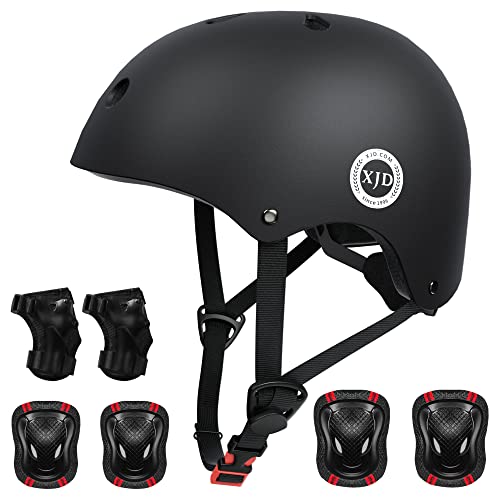 XJD Fahrradhelm Kinder Schoner Set(7er) Kinder Helm mit Knie- & Ellenbogen- & Handgelenkschützer Verstellbarer Schutz Jugend Skaterhelm für 3-13 Jahre Alt (Schwarz Set, S: 51-54 cm) von XJD