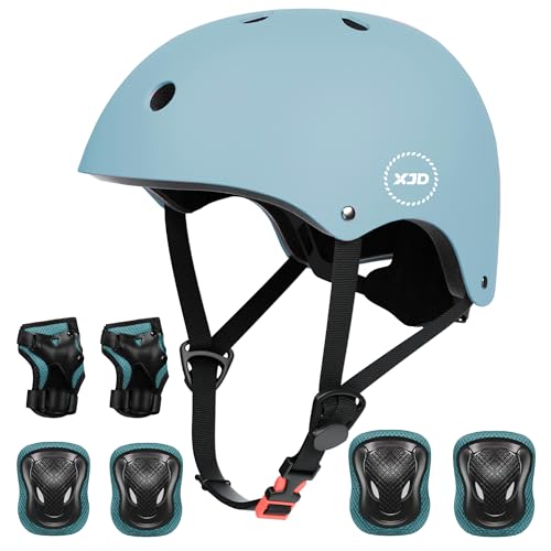 XJD Fahrradhelm Kinder Schoner Set(7er) Kinder Helm mit Knie- & Ellenbogen- & Handgelenkschützer Verstellbarer Schutz Jugend Skaterhelm für 3-13 Jahre Alt (Dusty Blau, M: 55-57 cm) von XJD