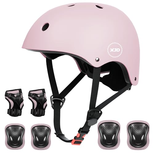 XJD Fahrradhelm Kinder Schoner Set(7er) Kinder Helm mit Knie- & Ellenbogen- & Handgelenkschützer Verstellbarer Schutz Jugend Skaterhelm für 3-13 Jahre Alt (Rosa Lila, M: 55-57 cm) von XJD