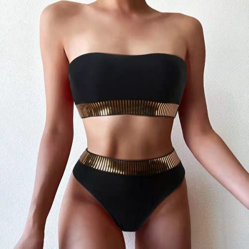 XKUN Badeanzug Frauen Gold Pailletten Wrap Brust Bikini Set 2-Pack-Bikini-Set Mit Hoher Taille-Black,S XKUN Badeanzug Frauen Gold Pailletten Wrap Brust Bikini Set 2-Pack-Bikini-Set Mit Hoher Taille-Black,S von XKUN