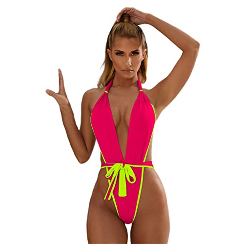 XKUN Bademode Damen Sexy Verband Frauen Einteiler Badeanzug Deep V Bodysuit Badeanzug Monokini Backless Badeanzug Sommer Beachwear-Watermelon Red,L von XKUN