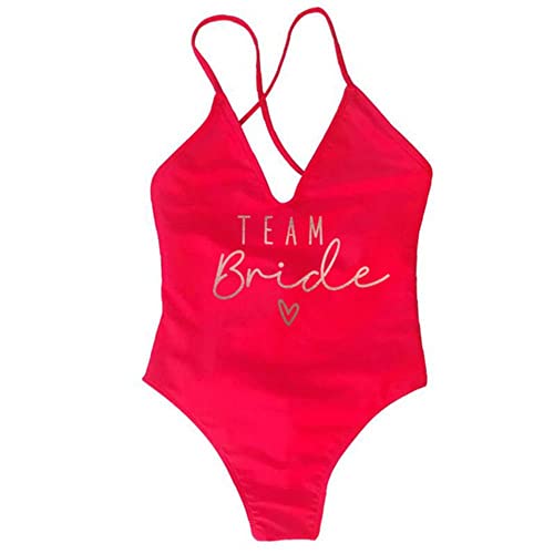 XKUN Bikini Damen Gepolsterte Badeanzug Weiblicher Einteiliger Badeanzug Frauen Bachelorette Party Strandwege-Team Bride Red,L von XKUN