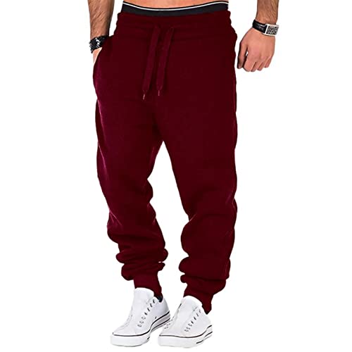 XKUN Jogginghose Herren Jogger Casual Hosen Training Fitness Männer Sportswear Trainingsanzug Bottoms Skinny Sweatpants Kordelzug Mode Track Hose-S,Red Wine von XKUN