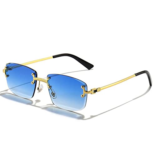 XKUN Sonnenbrille Damen Blaue Gradientenlinse Metall Sonnenbrille Männer Frauen Randlose Kleine Quadratische Sonnenbrille Für Männer Rahmenlos-C01 Gold Wave Blue,As Photos Showing von XKUN