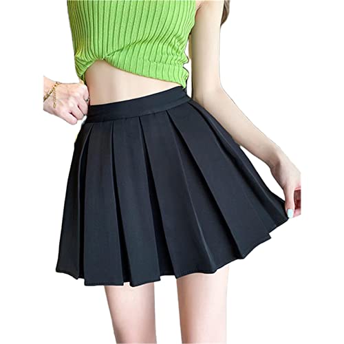 XKUN Tennisrock Frauen Hohe Taille Rock College Stil Casual Solide Farbe Mini A-Line Rock Damen Harajuku Nette Süße Falten Rock Frauen-Black,M von XKUN