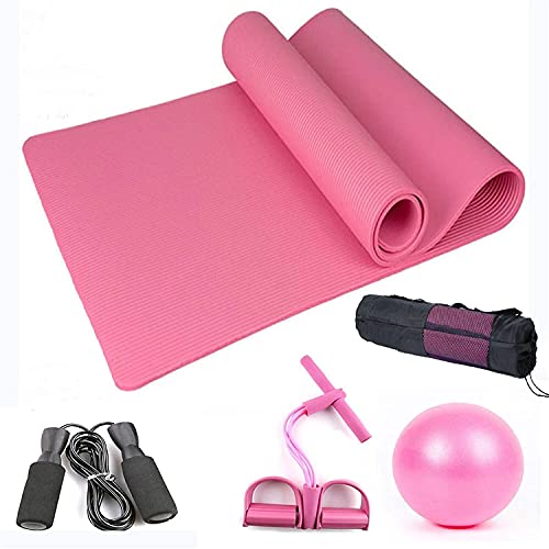 XMING 5 stücke Sport Fitness Yoga Mat Set Balance Gym Übung Yoga Ball NBR Yoga Matte Pedal Stretch Seil Tragen Tasche Seilsprung (Color : Pink) von XMING