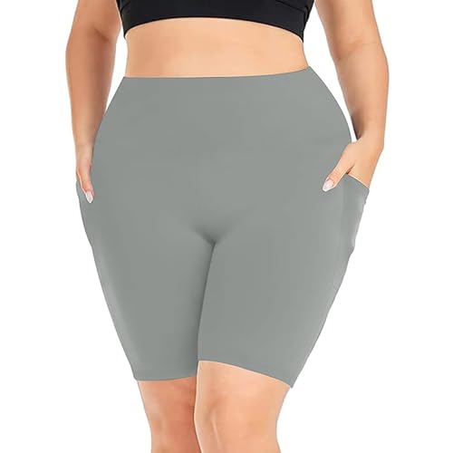 Damen-Biker-Shorts in Übergröße, hoch taillierte Bauchkontrolle mit Taschen, Yoga-Shorts für Workout, Laufen, Fitnessstudio (Gray,X-Large) von XMUZJSCQ