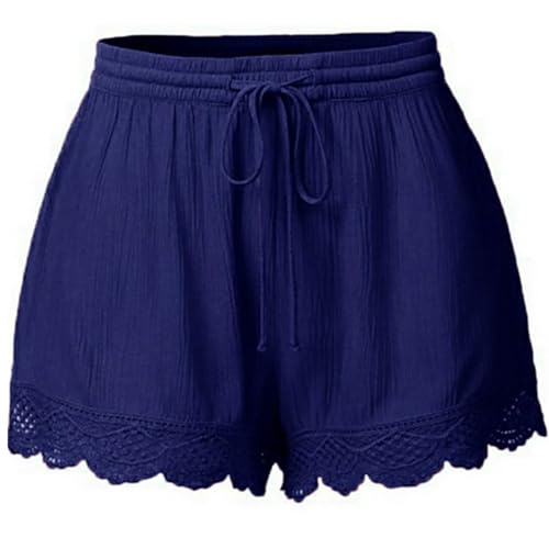 Trendige Damen-Shorts, Plus-Size-Shorts mit hohem elastischem Bund und Kordelzug, Spitzenbesatz, Resort-Wear-Strand-Yoga-Shorts (Blue,Medium) von XMUZJSCQ