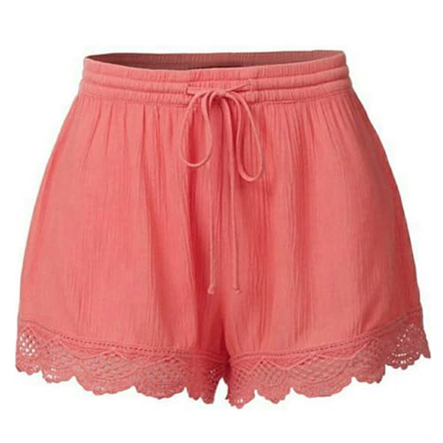 Trendige Damen-Shorts, Plus-Size-Shorts mit hohem elastischem Bund und Kordelzug, Spitzenbesatz, Resort-Wear-Strand-Yoga-Shorts (Pink,Large) von XMUZJSCQ