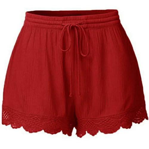 Trendige Damen-Shorts, Plus-Size-Shorts mit hohem elastischem Bund und Kordelzug, Spitzenbesatz, Resort-Wear-Strand-Yoga-Shorts (Red,X-Large) von XMUZJSCQ
