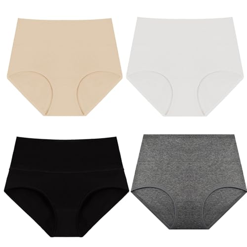 XMUZJSCQ 4er-Pack Damen-Slips aus Baumwolle mit hoher Taille, volle Abdeckung, Bikini-Unterwäsche, Übergröße, atmungsaktive Stretch-Unterwäsche (MIA-E,X-Large) von XMUZJSCQ