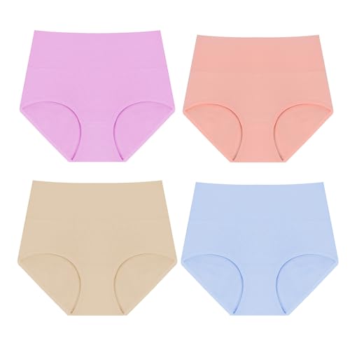 XMUZJSCQ 4er-Pack Damen-Slips aus Baumwolle mit hoher Taille, volle Abdeckung, Bikini-Unterwäsche, Übergröße, atmungsaktive Stretch-Unterwäsche (MIA-F,4X-Large) von XMUZJSCQ