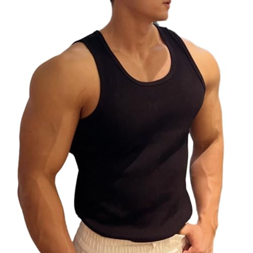 XMUZJSCQ Ärmelloses Trainingshemd für Herren aus Baumwolle, leichtes Sporthemd, Geripptes, schnelltrocknendes T-Shirt für Fitnessstudio, Laufen, Sport im Freien (Black,Large) von XMUZJSCQ