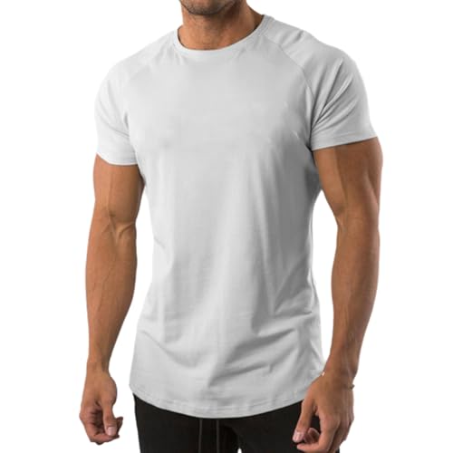 XMUZJSCQ Herren-T-Shirt mit Rundhalsausschnitt und Raglanärmeln, einfarbiges Baumwoll-Trainingsshirt, Sport- und Freizeit-Unterwäsche, kurzärmeliges Oberteil (White,X-Large) von XMUZJSCQ