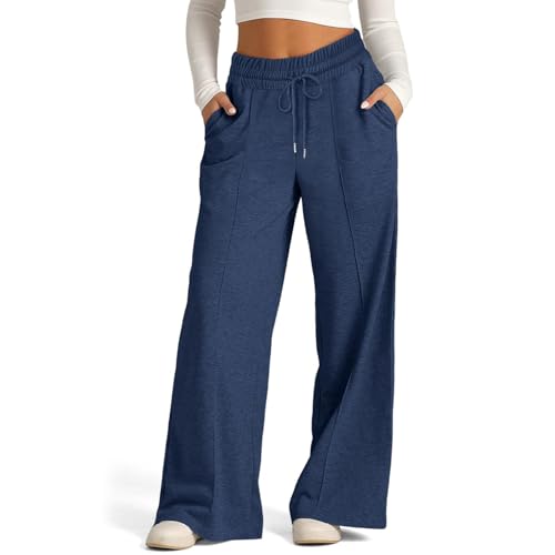 XMUZJSCQ Jogginghose mit hoher Taille und weitem Bein für Damen mit Taschen, Jogginghose mit elastischem Bund und Kordelzug, lässige, lockere Yogahose (Blue,Medium) von XMUZJSCQ