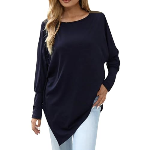 XMUZJSCQ Lässiges, langärmliges T-Shirt mit Rundhalsausschnitt für Damen, asymmetrischer, geschlitzter Saum, Pullover, lockere, weiche Basic-Oberteile (dark blue,X-Large) von XMUZJSCQ