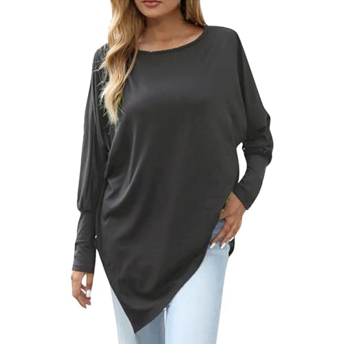 XMUZJSCQ Lässiges, langärmliges T-Shirt mit Rundhalsausschnitt für Damen, asymmetrischer, geschlitzter Saum, Pullover, lockere, weiche Basic-Oberteile (gray,4X-Large) von XMUZJSCQ