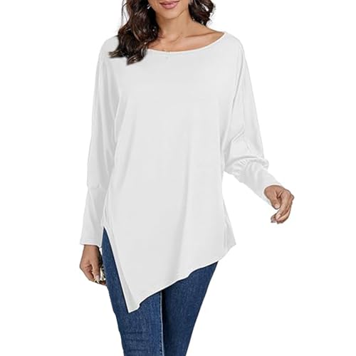 XMUZJSCQ Lässiges, langärmliges T-Shirt mit Rundhalsausschnitt für Damen, asymmetrischer, geschlitzter Saum, Pullover, lockere, weiche Basic-Oberteile (white,Large) von XMUZJSCQ