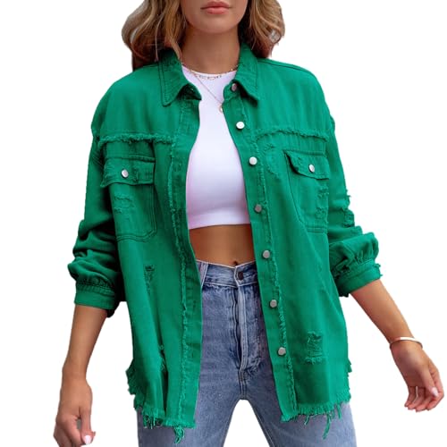 XMUZJSCQ Zerrissene Jeansjacke für Damen, lässiges Langarmhemd mit Knopfleiste, klassisches Revers, ausgefranster Saum, Shacket-Jacke, Mantel (Green,Medium) von XMUZJSCQ