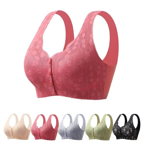 BHS für ältere Frauen, Push-Up-Sport-BH, Bügellose BHS mit Druckknopf vorne, bequemer BH mit voller Abdeckung und ohne Bügel (XL,Red) von XQILGVF