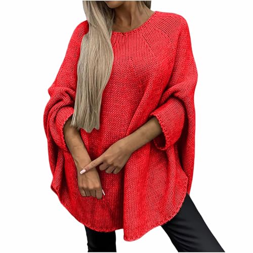 XQILGVF Eleganter gestrickter Cape-Pullover für Damen, gestrickter Cape-Pullover, lässiges Oberteil mit Rundhalsausschnitt und Langen Ärmeln (Red,L/XL) von XQILGVF