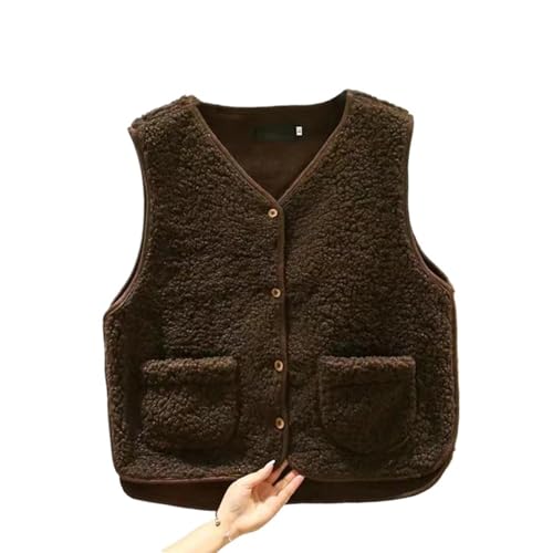 XQILGVF Fleeceweste für den Winter, lässige warme Sherpa-Weste mit Knopfleiste, leichte ärmellose Jacke (Brown,L) von XQILGVF