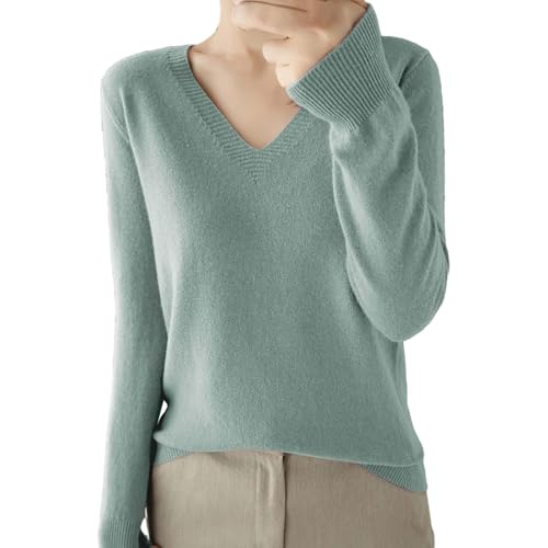 XQILGVF Langärmliger Strickpullover mit V-Ausschnitt für Damen, Pullover aus Kunstkaschmir, einfarbige Strickoberteile (Green,M) von XQILGVF