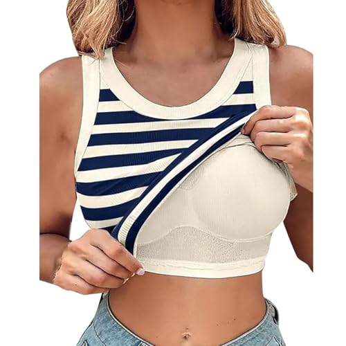 XQILGVF Tanktops für Damen mit integriertem BH, Geripptes Tanktop mit Rundhalsausschnitt und BH-Polstern, lässiges Sommer-Camisole mit Trägern (S,Blue) von XQILGVF