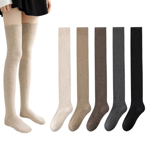 XQILGVF Verdickte hohe Strümpfe, warme Baumwoll-Overknee-Socken, Lange warme Winterstiefelsocken für Damen (5 Pairs,One Size) von XQILGVF