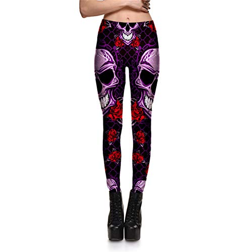 XRHYJW Yoga-Hose Leggings Fitness Frauen Schädel Lila Rote Rose Leggings Stretch Digital Print Bleistifthose Hose von XRHYJW