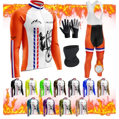 Herren Fahrradbekleidung MitThermofleecefutterSe Langarmtrikot Winter Radtrikot Mit 9D Gel Gepolsterten Trägerhosen Winddichte Fahrradhandschuhe + Fleecemaske (4XL,TYP-7) von XRLQZH