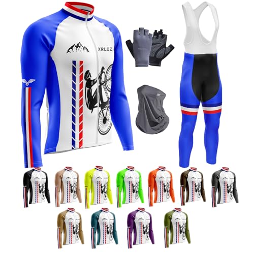 Herren Fahrradbekleidung MitThermofleecefutterSe Langarmtrikot Winter Radtrikot Mit 9D Gel Gepolsterten Trägerhosen Winddichte Fahrradhandschuhe + Fleecemaske (6XL,TYP-14) von XRLQZH