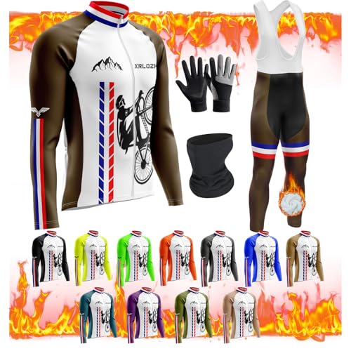 Herren Fahrradbekleidung MitThermofleecefutterSe Langarmtrikot Winter Radtrikot Mit 9D Gel Gepolsterten Trägerhosen Winddichte Fahrradhandschuhe + Fleecemaske (6XL,TYP-9) von XRLQZH