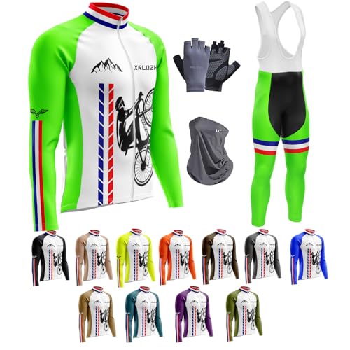 Herren Fahrradbekleidung MitThermofleecefutterSe Langarmtrikot Winter Radtrikot Mit 9D Gel Gepolsterten Trägerhosen Winddichte Fahrradhandschuhe + Fleecemaske (XXL,TYP-4) von XRLQZH