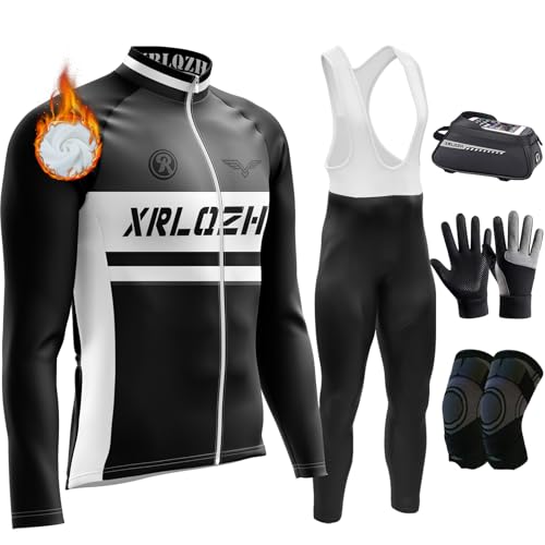 Herren Radtrikot Set, Winter Warm Fleece Atmungsaktiv Quick-Dry Lange Ärmel Radsport-Shirt + Gel Gepolsterte Lange Hosen MTB Bike Riding Clothing Kit (TYP-10,XL) von XRLQZH